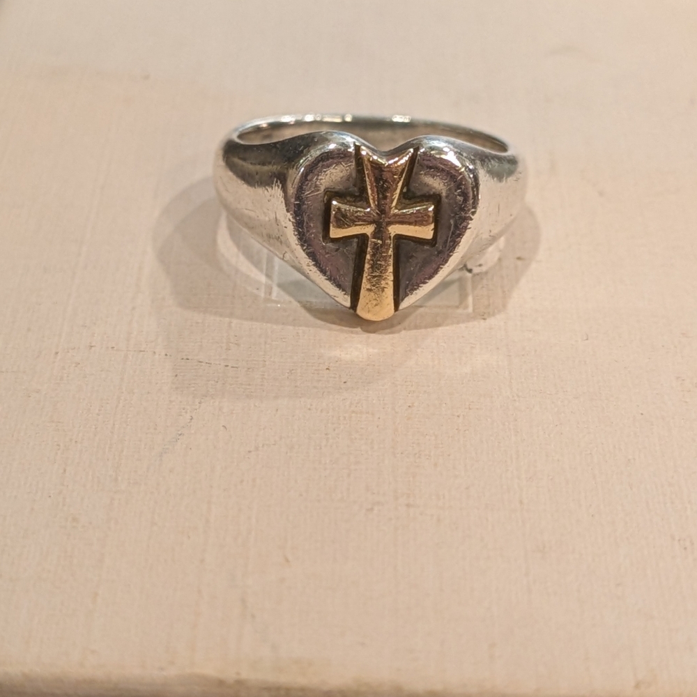 RETIRED James Avery Sterling Silver 14k Gold Heart Cross Ring Size 5.5
